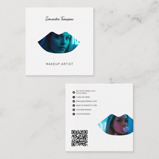 Script Professional Makeup Artist 2 Photo Lips  Square Business Card (Front/Back)