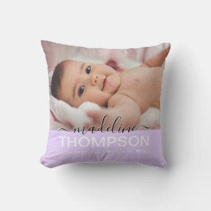 Script Purple Baby Newborn Keepsake Name Photo Cushion