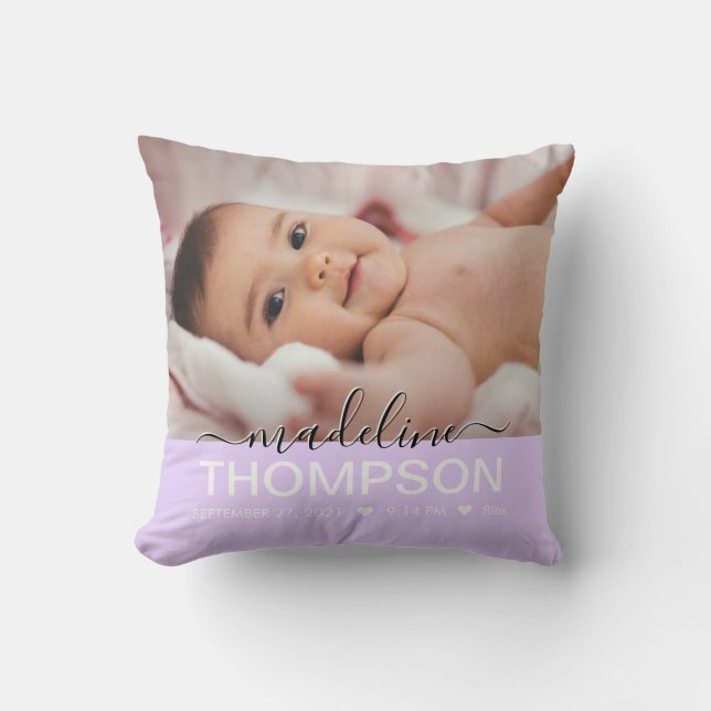 Script Purple Baby Newborn Keepsake Name Photo Cushion (Front)