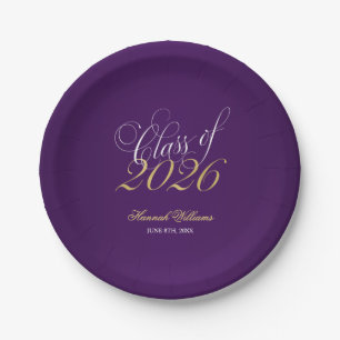 Script Purple Faux Gold 2026 Graduation Party Paper Plate