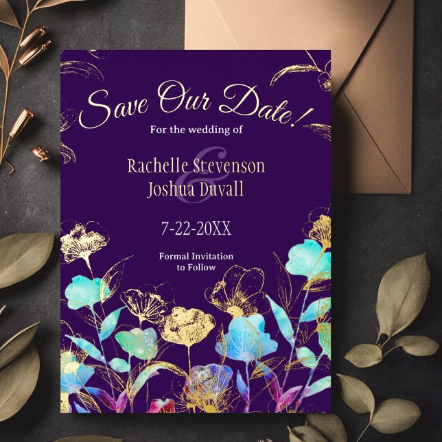 Script Purple Floral Wedding Save the Date Card (Creator Uploaded)