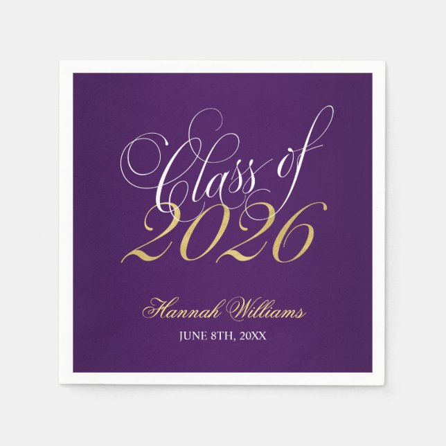Script Purple Gold Class of 2025 Graduation Napkin (Front)