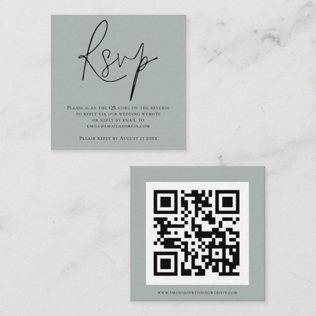 Script QR Code Sage Green Wedding RSVP Enclosure Card (Front/Back)
