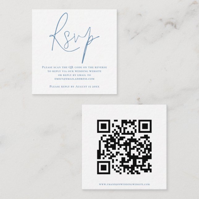Script QR Code Wedding Blue White RSVP Enclosure Card (Front/Back)
