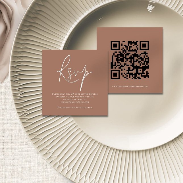 Script QR Code Wedding Brown RSVP Enclosure (Front and back view)