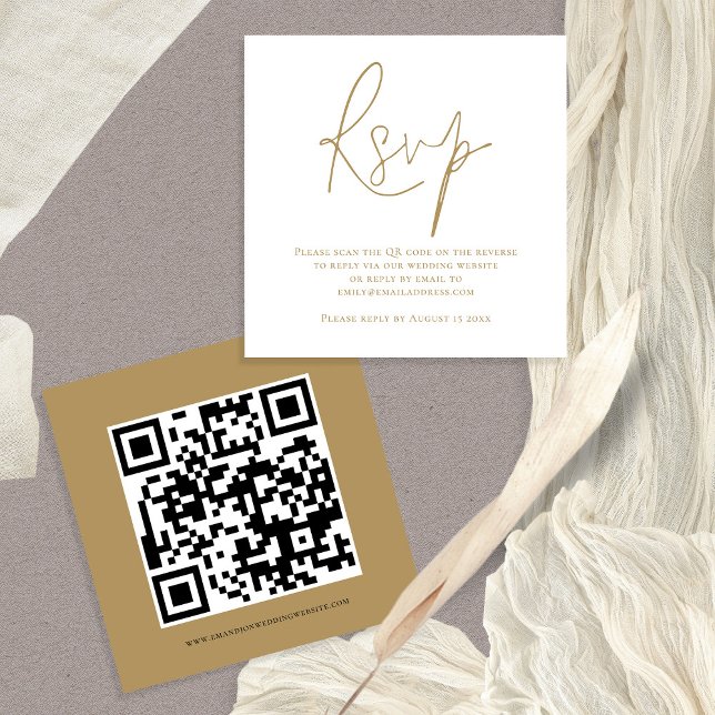 Script QR Code Wedding Gold White RSVP Enclosure (Front and back view of this mini 2.5" square enclosure RSVP card with QR code on the back)