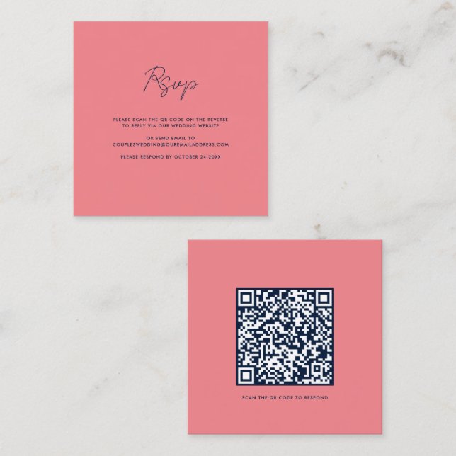Script QR Code Wedding RSVP Square Business Card (Front/Back)