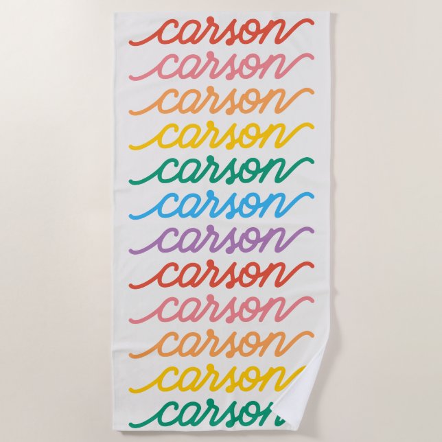 Script Rainbow Type Personalised Repeating Name Beach Towel (Front)