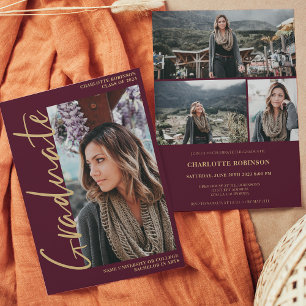  Script red burgundy graduate photo graduation Invitation
