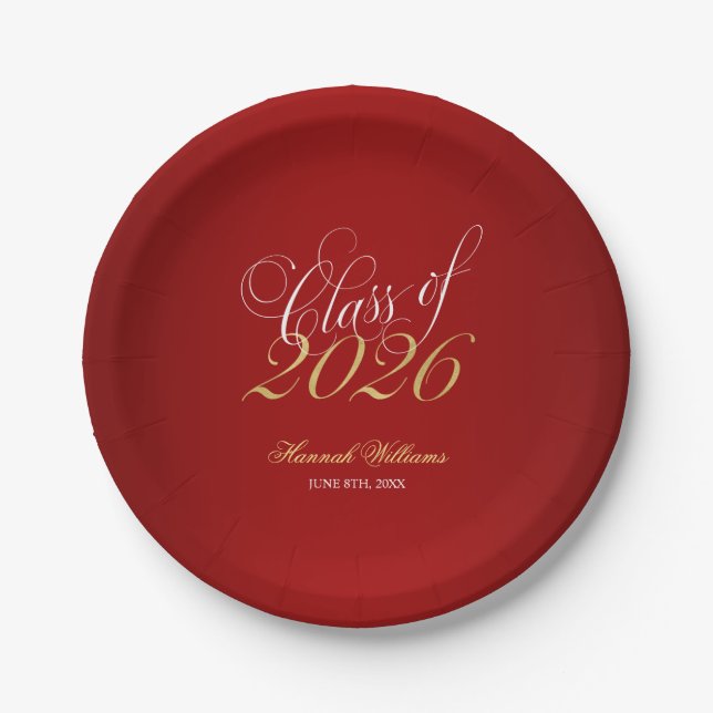 Script Red Faux Gold 2025 Graduation Party Paper Plate (Front)