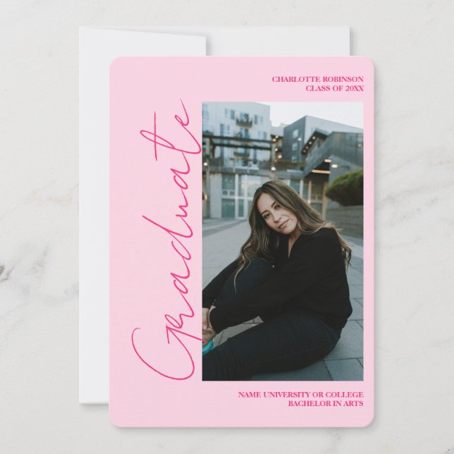 Script retro neon pink graduate photo graduation invitation (Front)