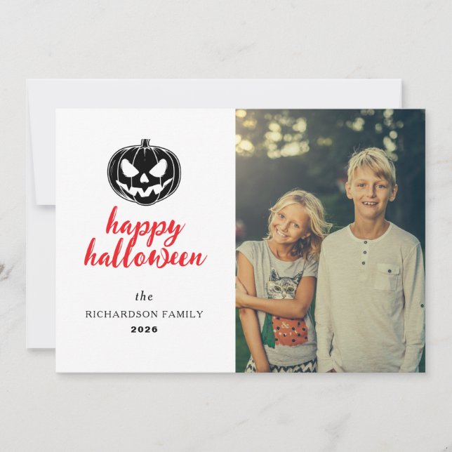 Script Rustic Jack-O'-Lantern Halloween 1 Photo Holiday Card (Front)