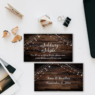 Script Rustic Wood & Light Strings Wedding Website Enclosure Card