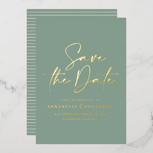 script sage green foil wedding save the date (Front/Back)
