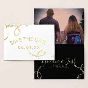 Script Save the Date Photo Faux Swirl  Black Gold  Foil Card