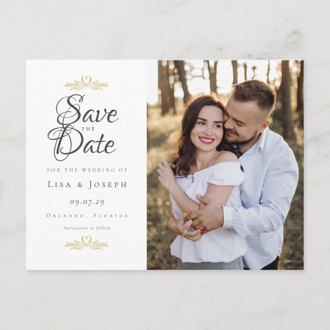 Script Save The Date Photo Wedding Elegant Postcard (Front)