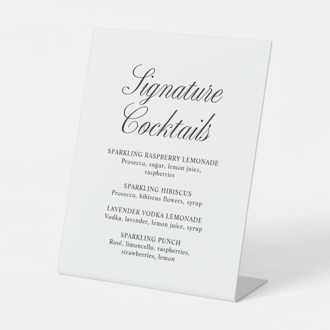 Script Signature Cocktails Formal White Wedding Pedestal Sign (Front)