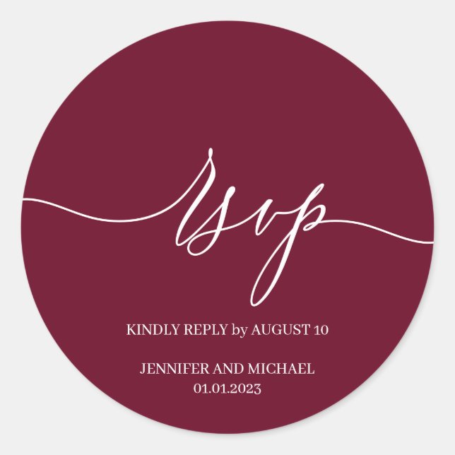 Script Signature Elegant Wedding RSVP burgundy Classic Round Sticker (Front)