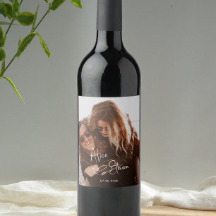Script Signature Heart Photo Wedding Wine Label