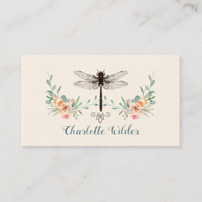 Script Signature Personalised Dragonfly Floral Calling Card (Front)