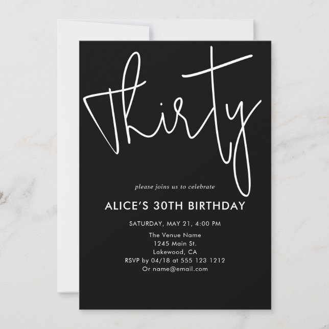 Script Signature Thirty Birthday Black Invitation (Front)