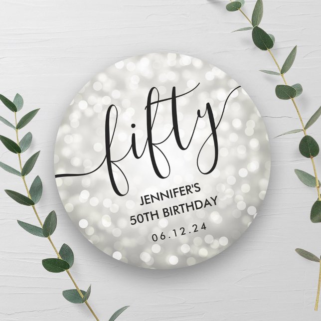 Script Silver Glitter Lights 50th Birthday  Classic Round Sticker (Script Silver Glitter Lights 50th Birthday Classic Round Sticker)