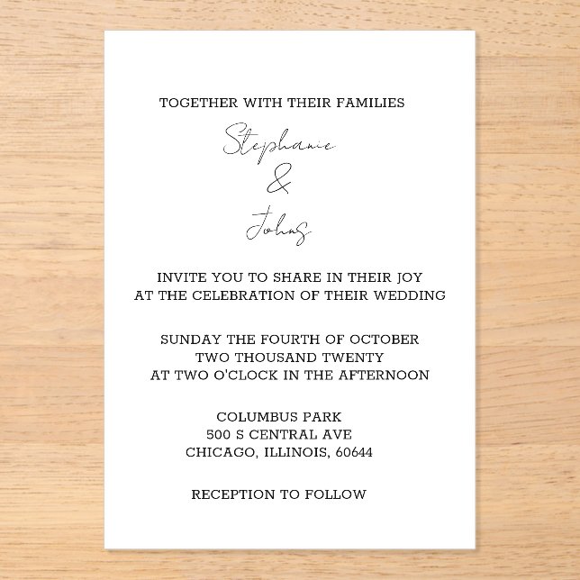 Script Simple Black White Elegant Minimal Wedding Acrylic Invitations (Front)