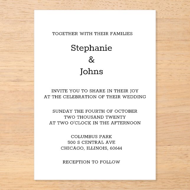 Script Simple Black White Minimal Elegant Wedding Acrylic Invitations (Front)