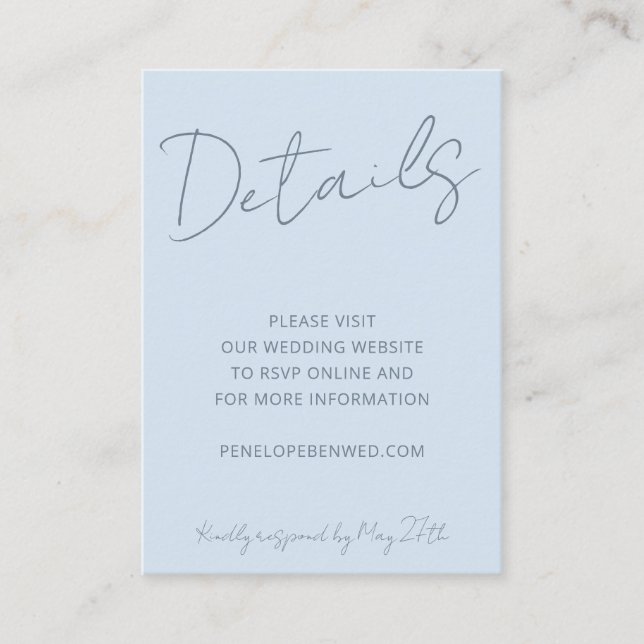 Script Soft Blue Wedding Website Details QR Modern Enclosure Card (Front)