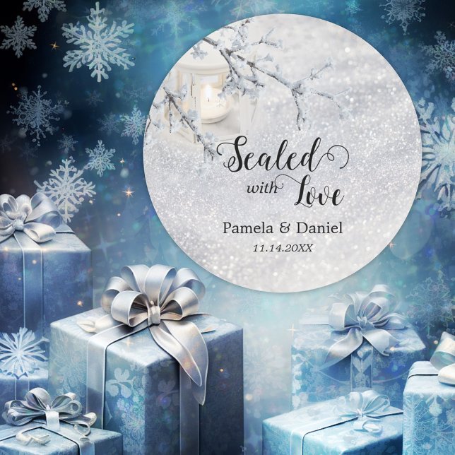 Script Sparkling Snow Winter Wedding Classic Round Sticker (Wedding sticker with a romantic candle lit lantern on a sparkling snow background, with script text)