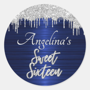 Script Sweet 16 Birthday Silver Glitter Blue Classic Round Sticker
