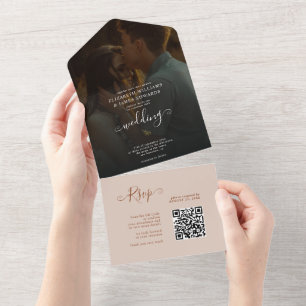 Script Terracotta Bohemian Wedding RSVP QR Code All In One Invitation