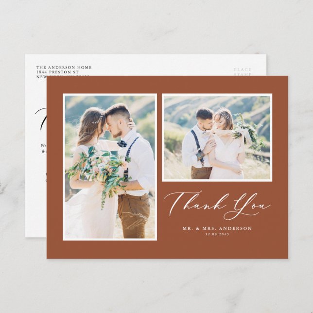 Script Terracotta Two Photo Wedding Thank You Postcard (Front/Back)