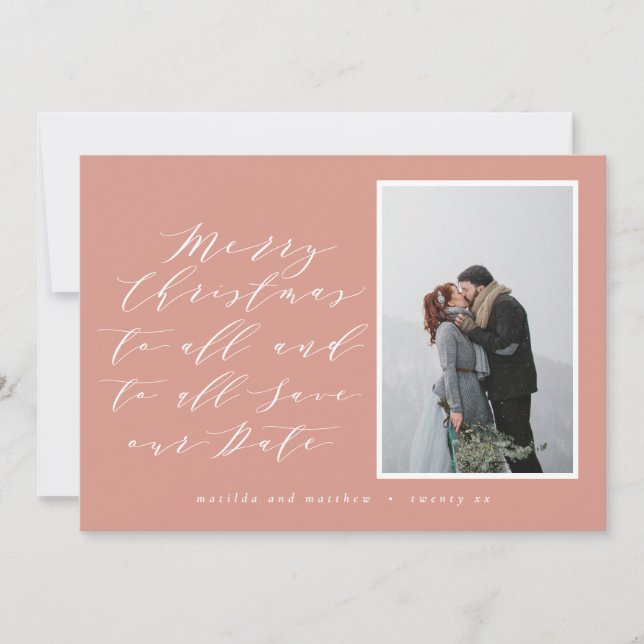 Script text photo Christmas save the date Holiday Card (Front)