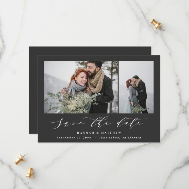 Script text photo elegant modern wedding save the date (Front/Back In Situ)