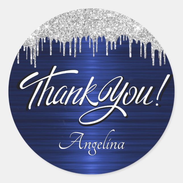 Script Thank You Birthday Silver Glitter Blue Classic Round Sticker (Front)