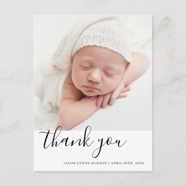 Script Thank you Photo Overlay Baby Birth Announce Announcement Postcard (Front)