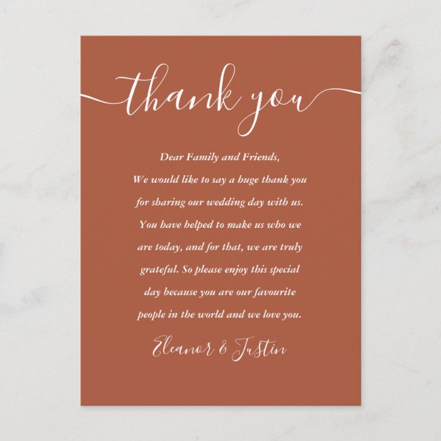 Script Thank You Terracotta Wedding Place Card (Front)