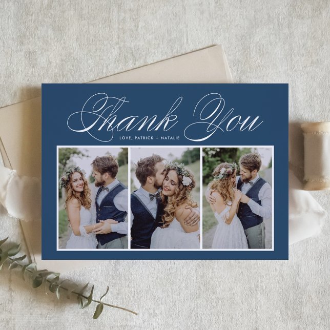 Script Three Photo Collage Blue Wedding Thank You Card (Creator Uploaded)