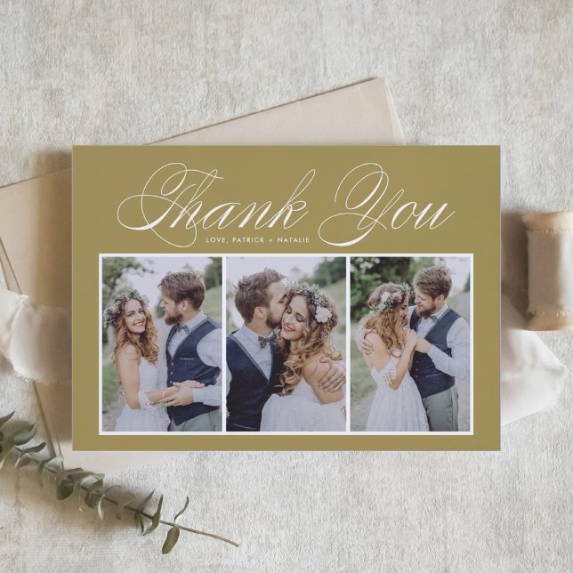 Script Three Photo Collage Gold Wedding Thank You Card (Creator Uploaded)
