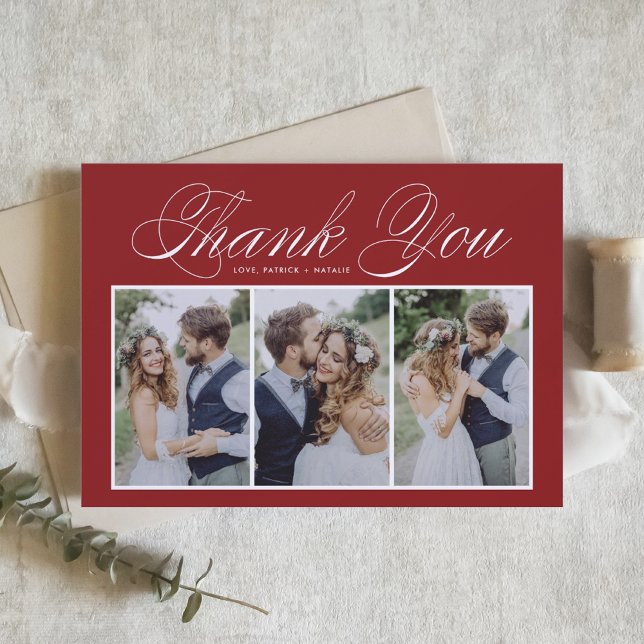 Script Three Photo Collage Red Wedding Thank You Card (Creator Uploaded)