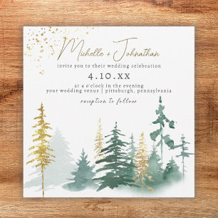 Script Trendy Gold Green Forest Rustic Wedding Invitation
