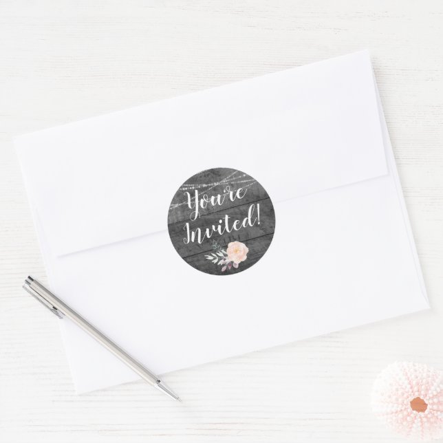 Script Typography and Rustic Grey Barn Wood Classic Round Sticker (Envelope)