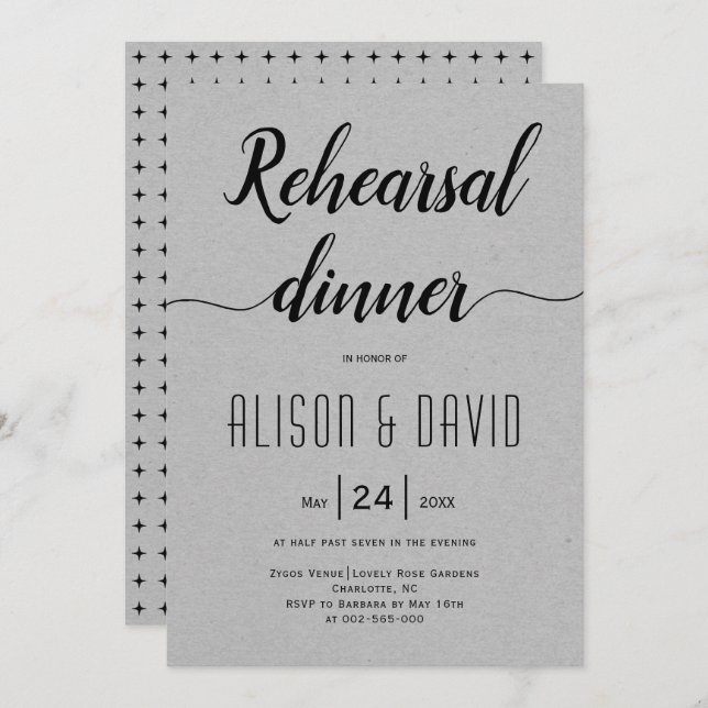 Script typography grey wedding rehearsal dinner invitation (Front/Back)