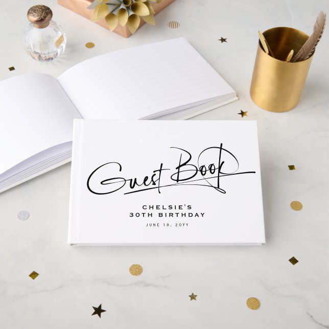 Script Typography Minimalist Milestone Birthday Guest Book (Front Open)