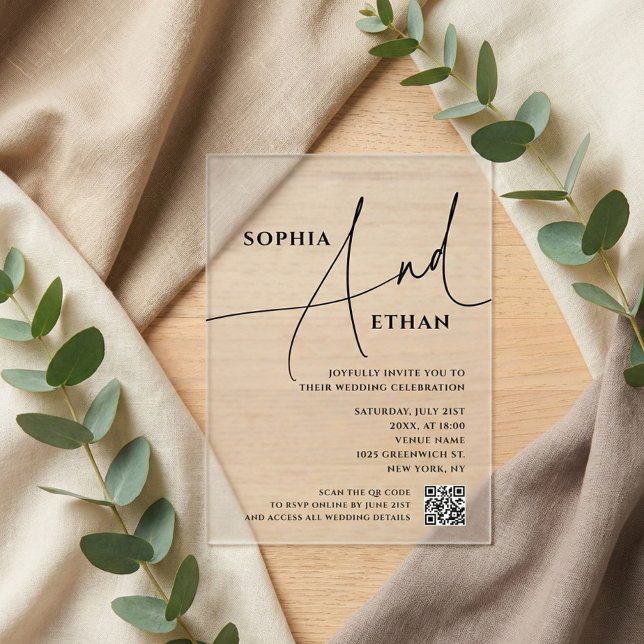 Script Typography Minimalist QR Code Wedding Acrylic Invitations (Creator Uploaded)