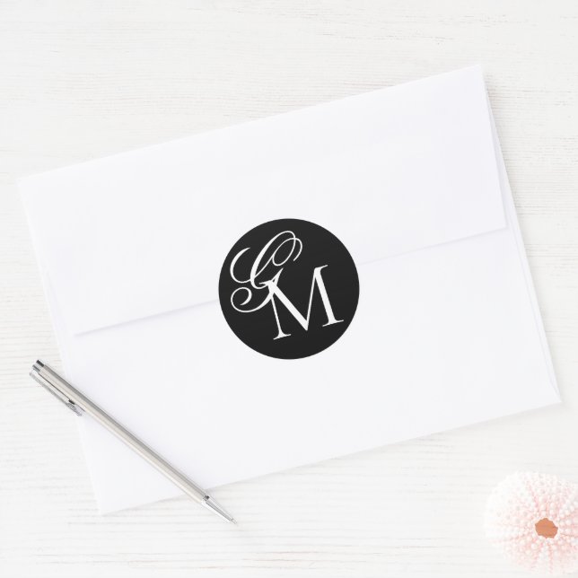 Script & Typography Monogram Black White Wedding Classic Round Sticker (Envelope)