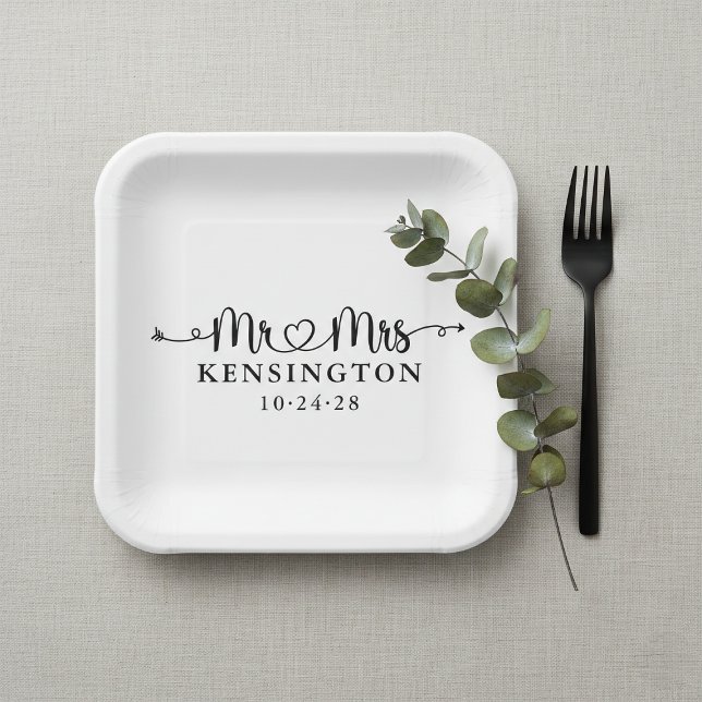 Script Typography Personalised Mr Mrs Wedding Paper Plate (Creator Uploaded)