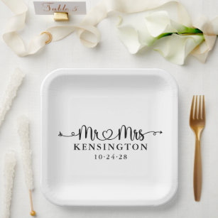 Script Typography Personalised Mr Mrs Wedding Paper Plate