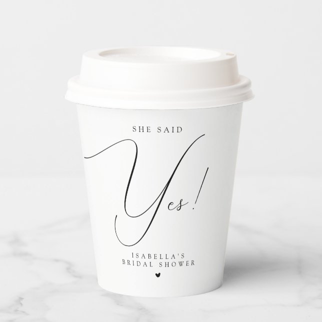 Script Typography She Said Yes Bridal Shower Paper Cups (Front)
